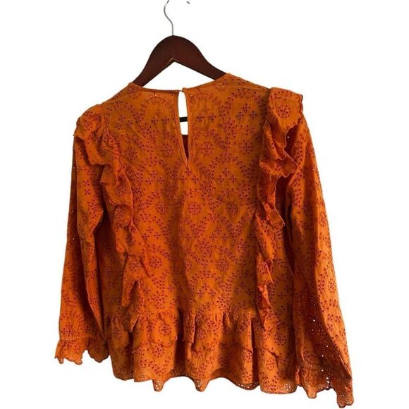 The GREAT. Eyelet Ruffle Flutter 3/4 Sleeve Top  Spice Orange Size 2 M Peasant - Picture 9 of 15
